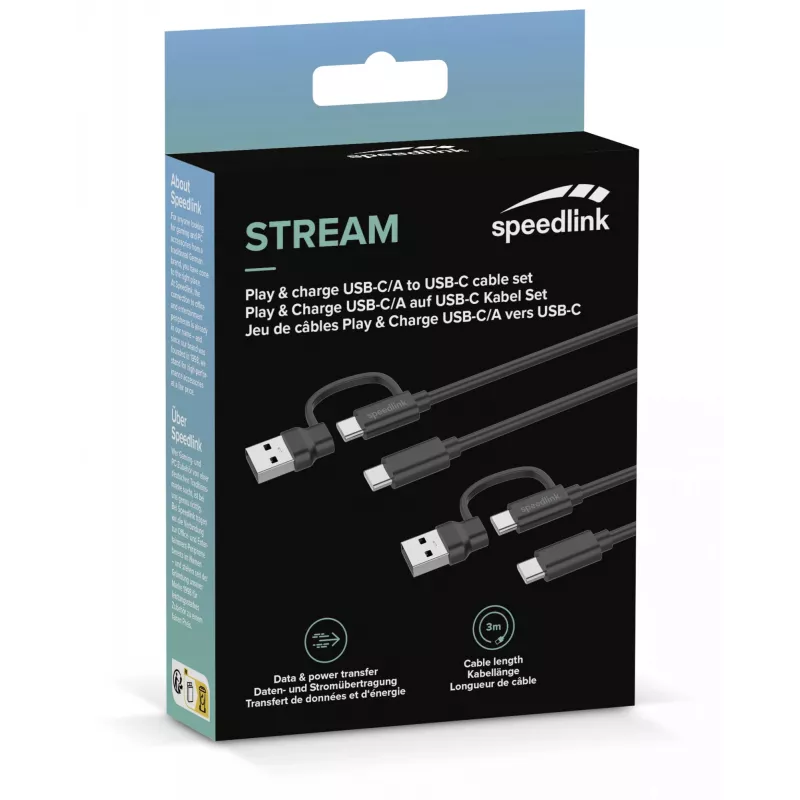 USB 3.2 Gen 1 laidas Speedlink SL-460101-BK, 3 m, USB A/USB C į USB C, juodas