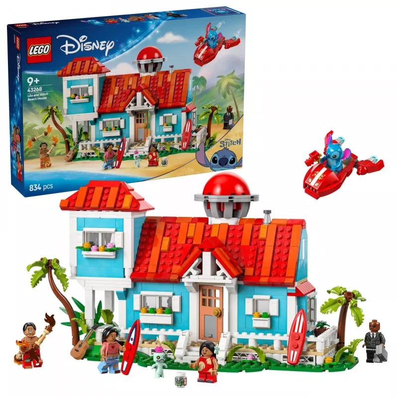 LEGO rinkinys Disney 43268 Paplūdimio namas – modulinis namo statinys, 834 detalės, 5 minifigūrėlės, nuo 9 metų