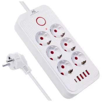 Maitinimo blokas MACLEAN MCE391 W – 6 lizdų, 4×USB-A + 1×USB-C, 3 m laidas, 110–240V, 2500W, baltas