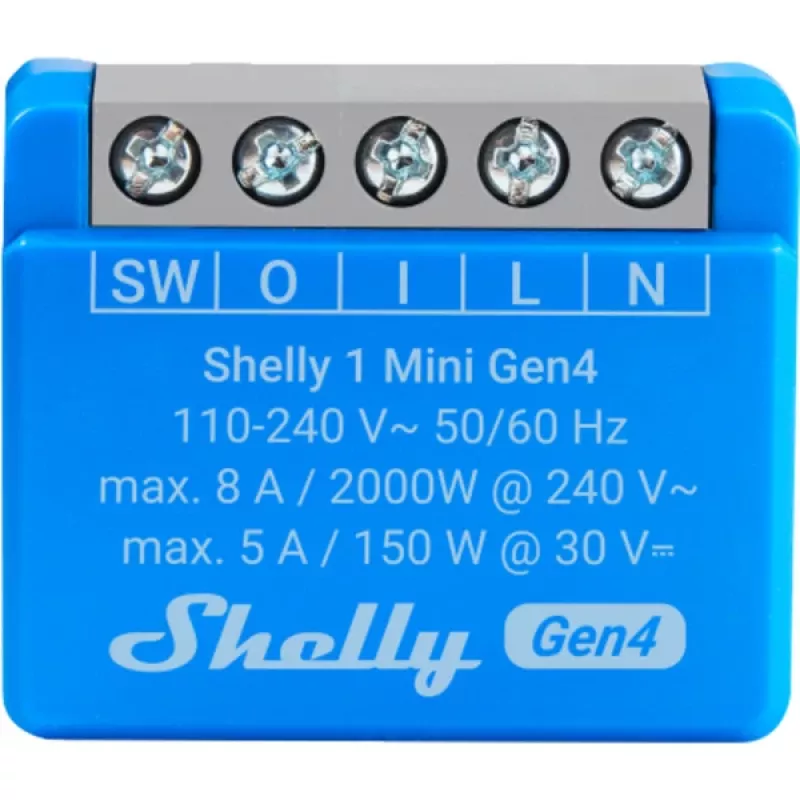 Išmanusis relės modulis Shelly 1 Mini Gen4, 1P 8A, Wi‑Fi/Matter/Zigbee/Bluetooth, 110–240 V, kompaktiškas (2 vnt.)