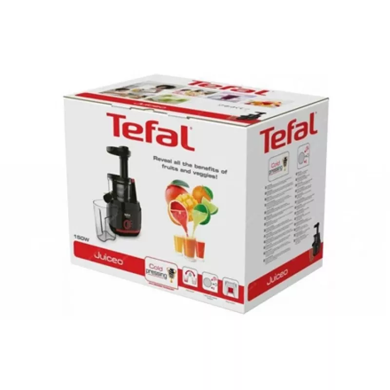 Lėtas sulčiaspaudė Tefal Juiceo ZC150 — 150 W, 4,5 cm padavimo vamzdis, 0,8 L talpos indai sultims ir minkštimui, 80 aps./min., juoda/raudona