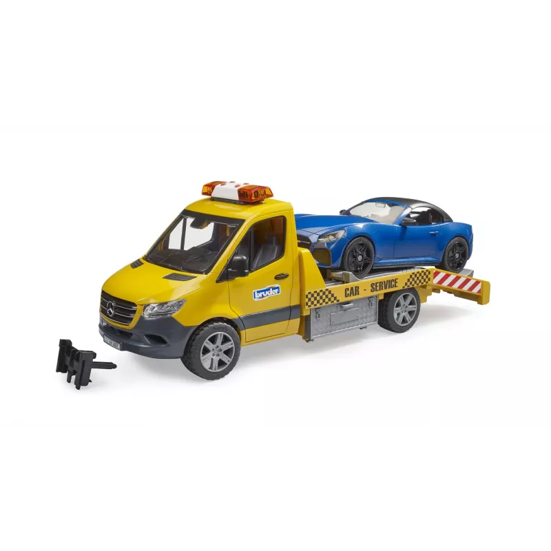 Bruder MB Sprinter automobilių transporteris su šviesos ir garso moduliu, oranžinis/mėlynas, komplekte roadsteris