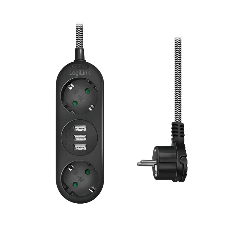 Prailginimo laidas LogiLink LPS262U 1,5 m 2 AC lizdai vidaus juodas