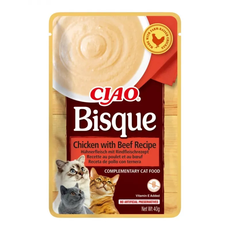 Šlapias skanėstas katėms INABA CIAO Bisque – tunas, jautiena, vištiena, 40 g pakeliai, 24 vnt.