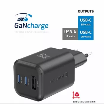 Nešiojamas kelioninis įkroviklis SWISSTEN 22071410 65W dvigubas USB-C greitas įkrovimas
