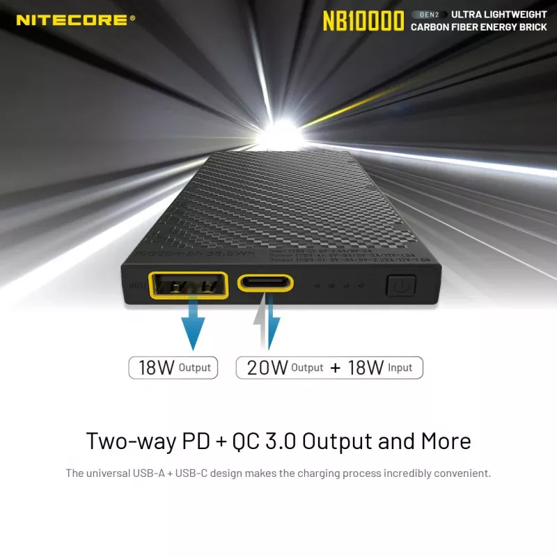 Nešiojamas power bank Nitecore NB10000 — 10000 mAh, USB‑A + USB‑C, 38 W bendra galia, pilka