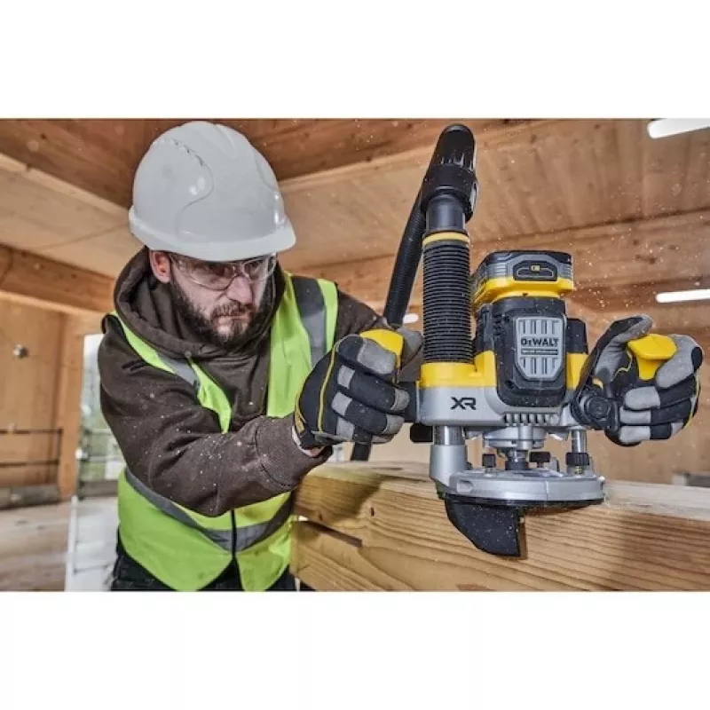Plunginis frezatorius DeWalt DCW620NT-XJ, bešepetėlis variklis, 18V, 1600W galia, 11–23 tūkst. RPM, 12,7 mm įtvaras, dulkių ištraukimas, LED, 3,6 kg, dėklas
