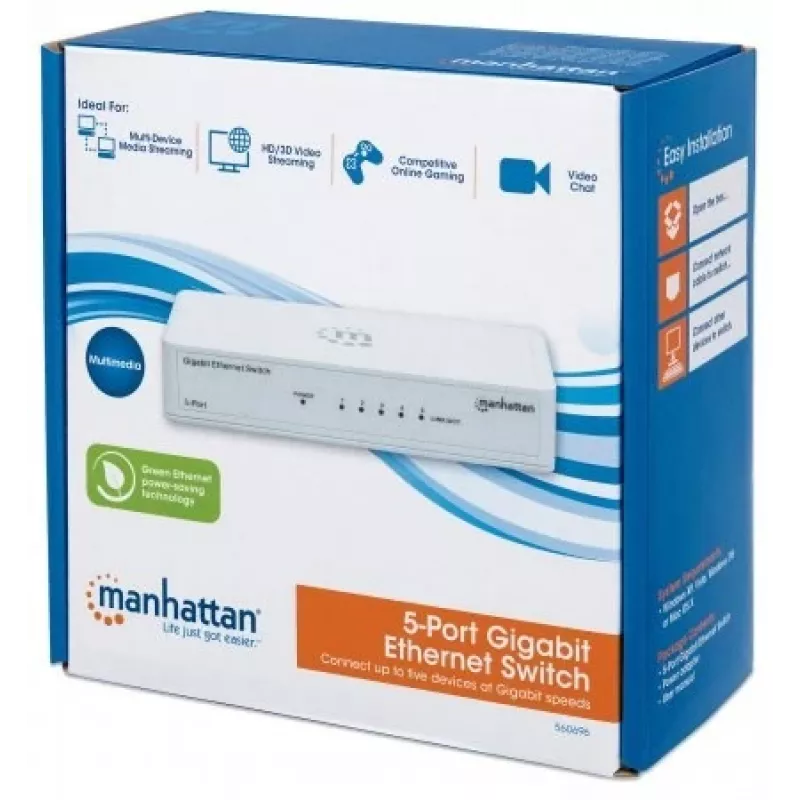 Manhattan 5 prievadų Gigabit Ethernet tinklo jungiklis, stalinis, plastikinis, IEEE 802.3az (energiją taupantis Ethernet), trejų metų garantija, dėžutėje