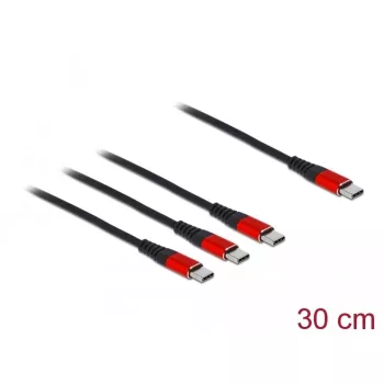 USB įkrovimo laidas DeLOCK 3 in 1 USB Type-C į 3 x USB Type-C 30 cm juoda/raudona