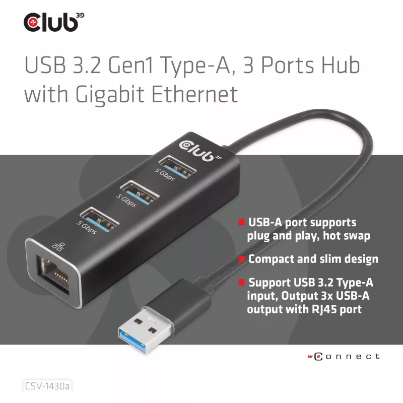 USB 3.2 Gen1 3 prievadų USB-A šakotuvas su Gigabit Ethernet – CLUB3D CSV-1430a