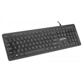 Manhattan Gaming USB klaviatūra, Low Force Key Edition, 12 multimedijos klavišų, vaivorykštinis LED apšvietimas, USB-A, juoda, mažmeninė dėžutė (vokiškas išdėstymas)