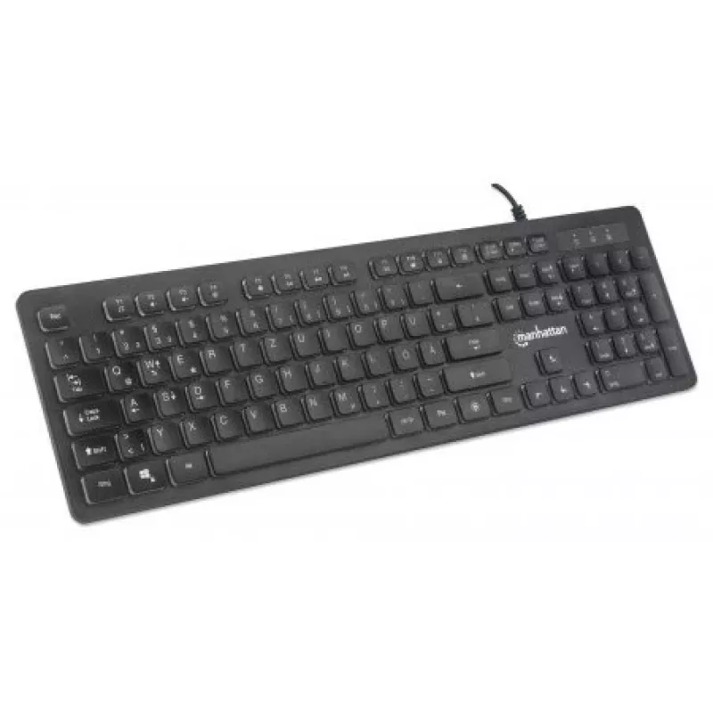 Manhattan Gaming USB klaviatūra, Low Force Key Edition, 12 multimedijos klavišų, vaivorykštinis LED apšvietimas, USB-A, juoda, mažmeninė dėžutė (vokiškas išdėstymas)