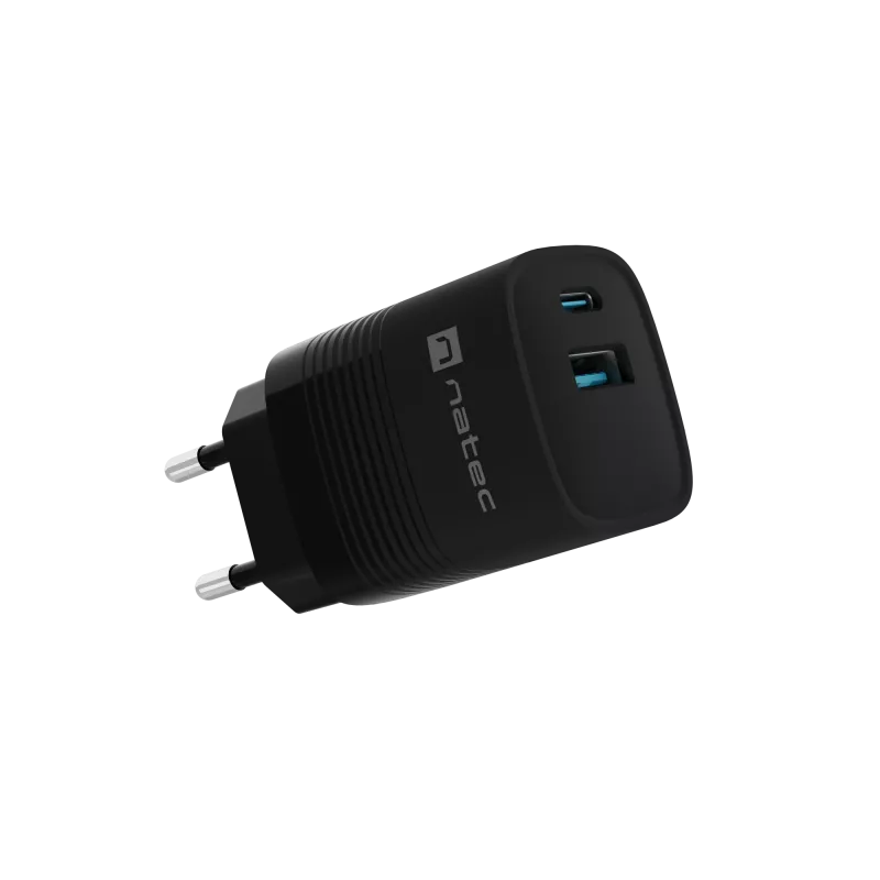 NATEC NUC-2141 laidinis mobiliojo įrenginio įkroviklis, 30W, USB-C PD 3.0 + USB-A QC 3.0, 110–240V, juodas
