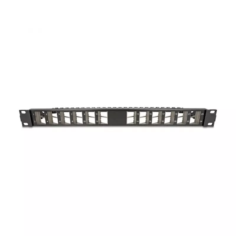 DELOCK 19 colių Keystone pataisų skydelis 24 prievadų kampuotas su įtempimo mažinimu, 1U, juodas, 482,6×125,5×44,2 mm