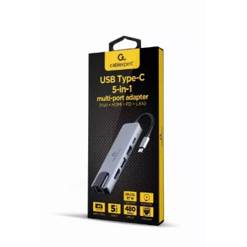 Gembird A-CM-COMBO5-04 dokas nešiojamam kompiuteriui – USB 3.2 Gen 1 Type-C, 5 Gbit/s, PD 87 W, HDMI, Ethernet, USB-A