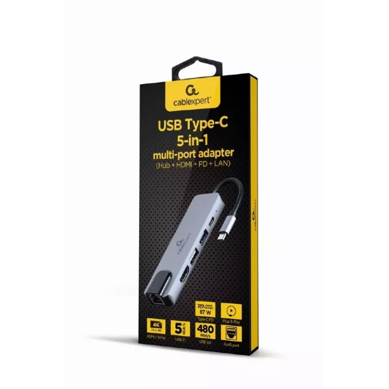 Gembird A-CM-COMBO5-04 dokas nešiojamam kompiuteriui – USB 3.2 Gen 1 Type-C, 5 Gbit/s, PD 87 W, HDMI, Ethernet, USB-A