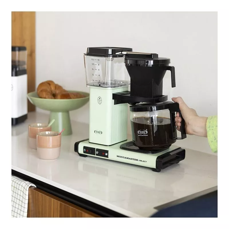 Lašelinė kavos virimo aparatas MOCCAMASTER KBG Select – 1,25 l talpa, 10 puodelių, nerūdijantis plienas, pastelinė žalia