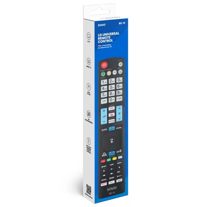 SAVIO RC-11 infraraudonųjų spindulių nuotolinio valdymo pultelis LG televizoriams, juodas, 10 m atstumas, 1 įrenginys