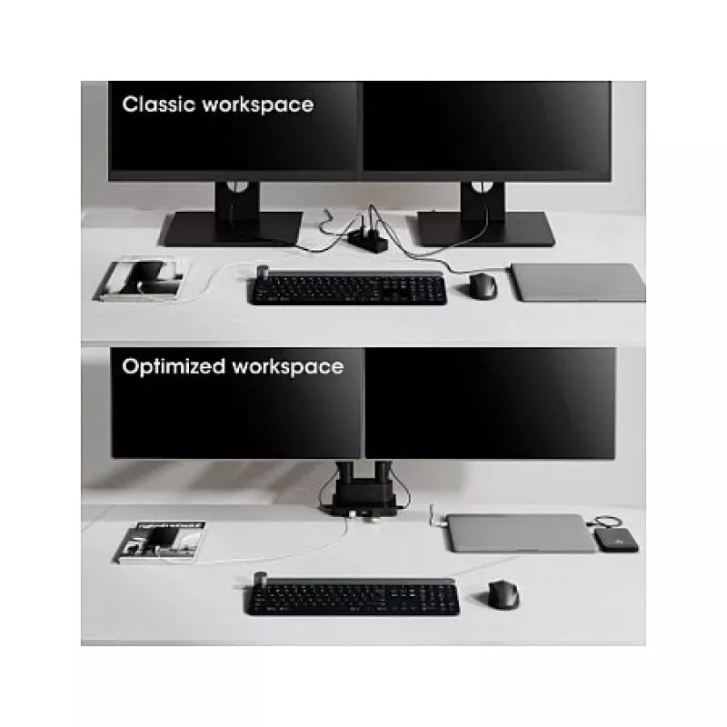Manhattan Dvigubas laikiklis monitoriams ir televizoriams (dujinis spyruoklinis) su įmontuotu dokstacija, iki 27 colių ekranams, 7 prievadai: Ethernet, HDMI (x2), USB-A (x3) ir USB-C, USB-C galios tiekimas 100 W, VESA 75x75 ir 100x100 mm