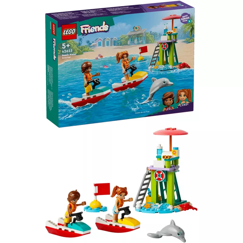 LEGO Friends paplūdimio vandens motorolerio gelbėtojų statybos rinkinys su 2 mini-lėlėmis ir delfino figūrėle, nuo 5 metų