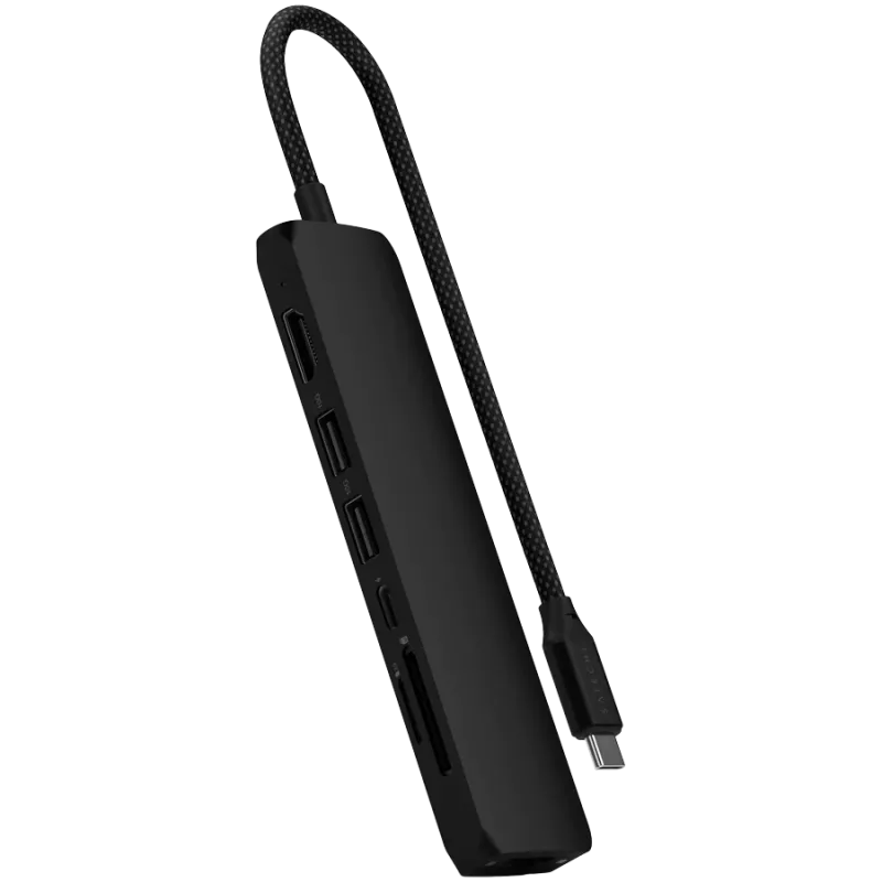Satechi 7-in-1 USB-C Slim Multiport Adapter su Ethernet (USB-C PD, 2x USB-A, HDMI 4K, Ethernet, micro/SD kortelių skaitytuvas) (Juoda)