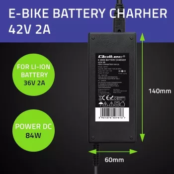 Qoltec 50761 Įkroviklis elektrinio dviračio akumuliatoriui 36V | 42V | 2A | 5,5*2,5