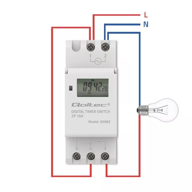 Elektroninis DIN bėgio laikmatis QOLTEC 50983, maitinamas baterija, automatikos grandinėms