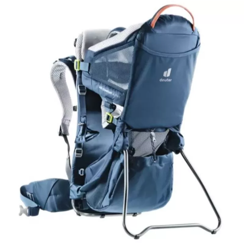 Kūdikio nešimo kuprinė DEUTER Kid Comfort Active – mėlyna, poliamidas, iki 22 kg, saulės stogelis, kojų atrama, VariQuick, Lite Air