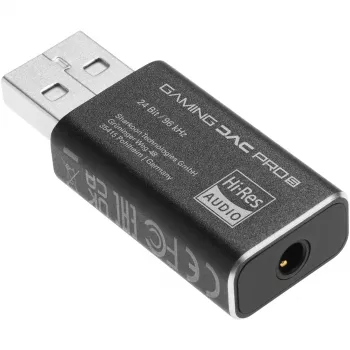 Vidinis USB Type-A į 3,5 mm DAC adapteris Sharkoon DAC Pro S — 2 V išėjimas, juodas, kompaktiškas (42×17,3×9,7 mm)