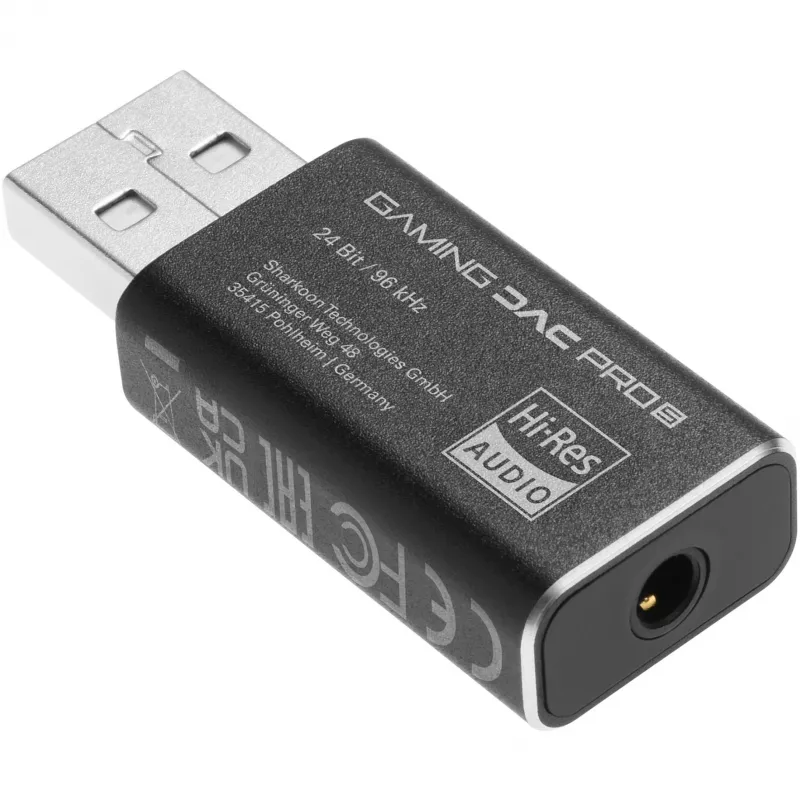 Vidinis USB Type-A į 3,5 mm DAC adapteris Sharkoon DAC Pro S — 2 V išėjimas, juodas, kompaktiškas (42×17,3×9,7 mm)