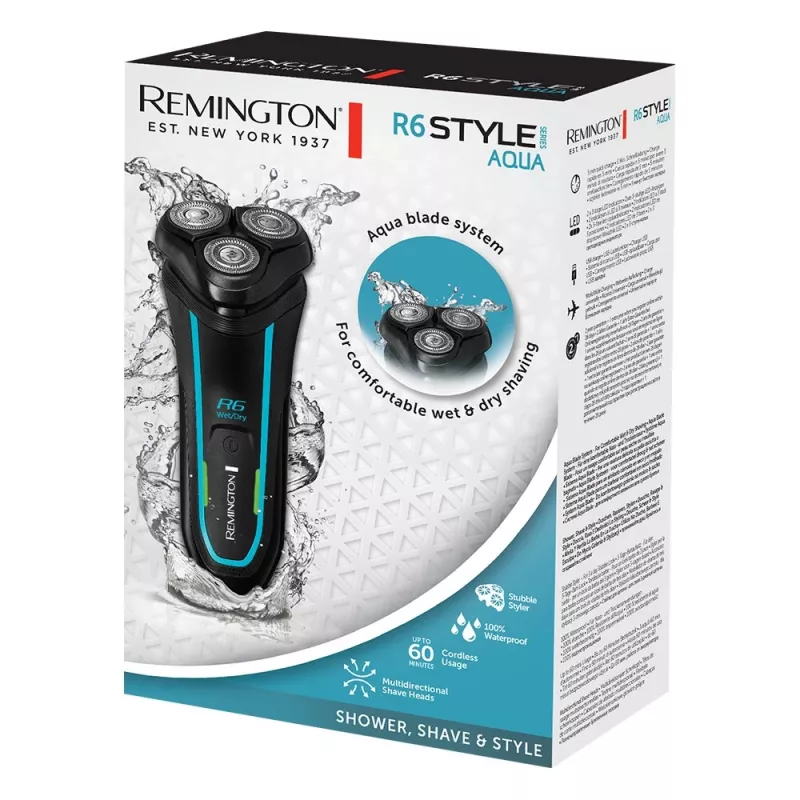 Rotacinis skustuvas Remington R6000 juodas – 3 besisukančios galvutės, šlapias ir sausas skutimas, belaidis, 60 min. veikimo, iššokantis trimeris
