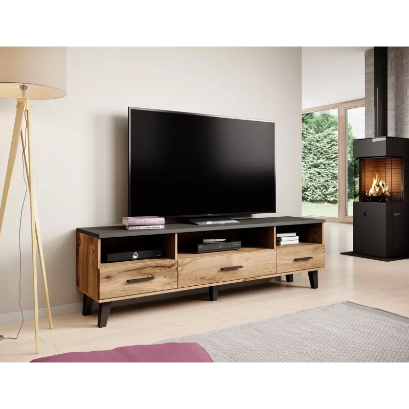 TV stovas Cama Meble LOTTA 180 cm – ąžuolo Wotan rėmas, matinė juoda medžio drožlių plokštės viršus, 1800×400×530 mm