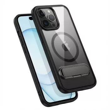 Apsauginis dėklas GUAN iPhone 16 Pro Max – grūdinto stiklo nugarėlė, integruota kojelė, permatomas juodas
