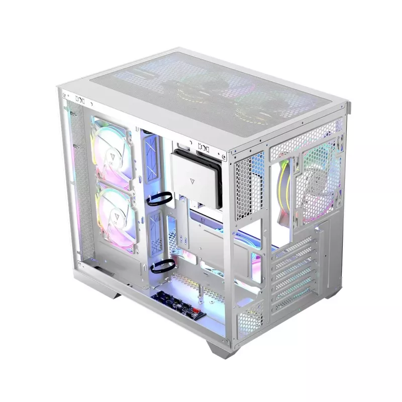 PC korpusas MODECOM Volcano Panorama Midi Tower baltas – micro ATX, grūdintas stiklas, ARGB, USB-C, palaiko GPU iki 400 mm