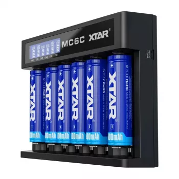 Įkroviklis XTAR MC6C 6 lizdų, Li‑jonų cilindrinėms baterijoms, 18650/21700/AA, 5V, juodas