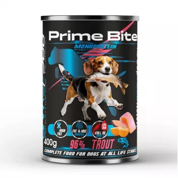 PRIME BITE Monoprotein Upėtakis su saldžiąja bulve – šlapias šunų ėdalas – 400 g