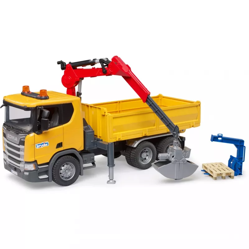 BRUDER Scania Super 560R statybinis sunkvežimis su kranu ir 2 padais