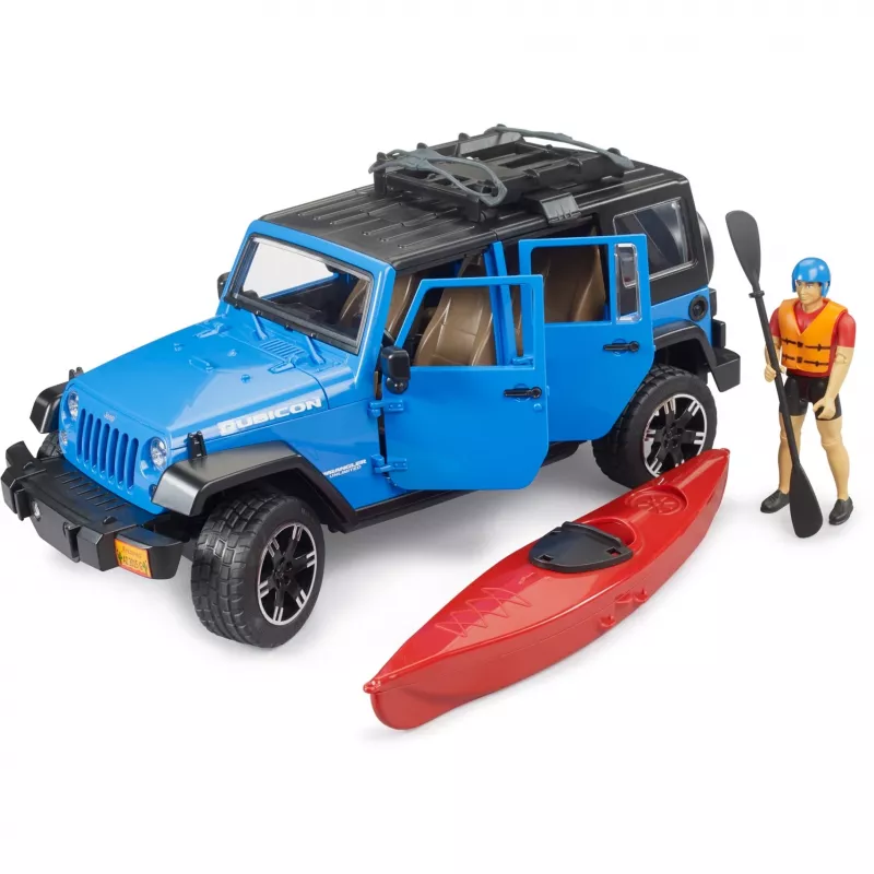 Žaislinis modelis BRUDER Jeep Wrangler Rubicon Unlimited su baidare ir figūrėle BR-02529