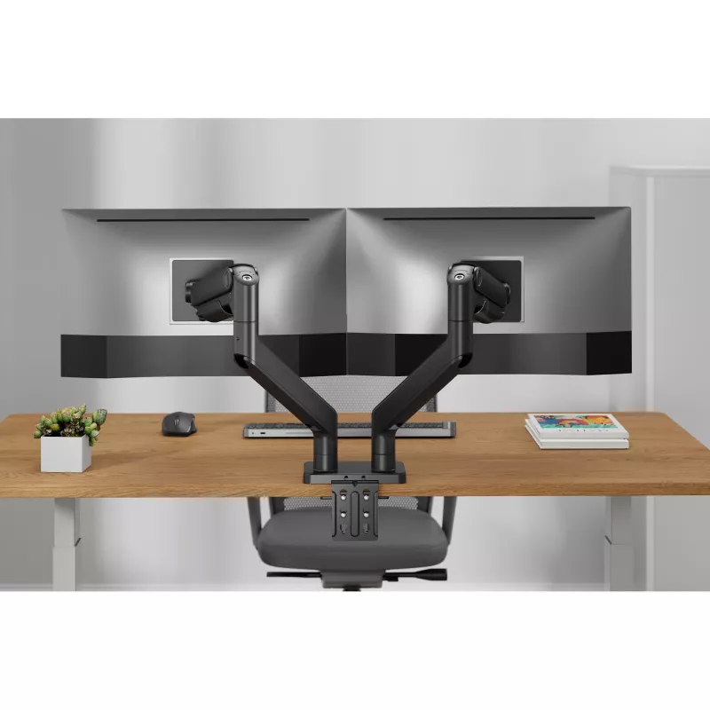 Laikiklis monitoriui DIGITUS Dvigubas monitorių laikiklis 2×45 colių ekranams, spaustuvas, 2×20 kg, VESA 75×75–100×100, pakreipimas -20–50°