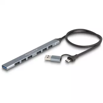 DELOCK 4 prievadų plonas USB šakotuvas — USB 3.2 Gen 1 pagrindinis Type-C, 3× USB 5 Gbps Type-C + 1× USB 5 Gbps Type-A, pilkas, metalinis