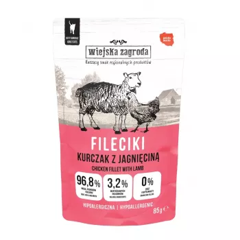 Šlapias kačių ėdalas wiejskazagroda Vištienos filė su ėriena 85 g – suaugusioms katėms, be grūdų, vienkartinis pakelis
