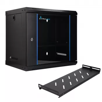 EXTRALINK LITE 9U 530x400 sieninis stelažinis kabinetas juodas su lentyna