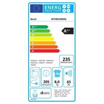 Bosch džiovinimo mašina su šilumos siurbliu WTH85V0MSN | Energijos efektyvumo klasė E | Pakrovimas iš priekio | 8 kg | LED | Gylis 61 cm | Balta