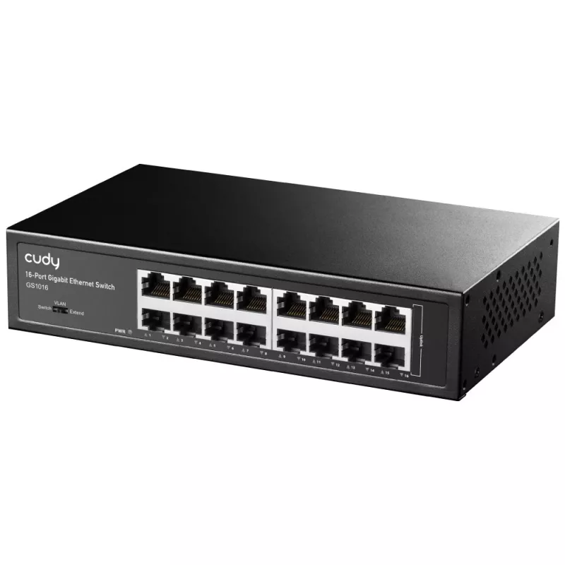 Tinklo jungiklis Cudy GS1016 — 16 prievadų Gigabit Ethernet (10/100/1000), 32 Gbit/s perjungimas, montuojamas į stelažą, maitinamas iš tinklo