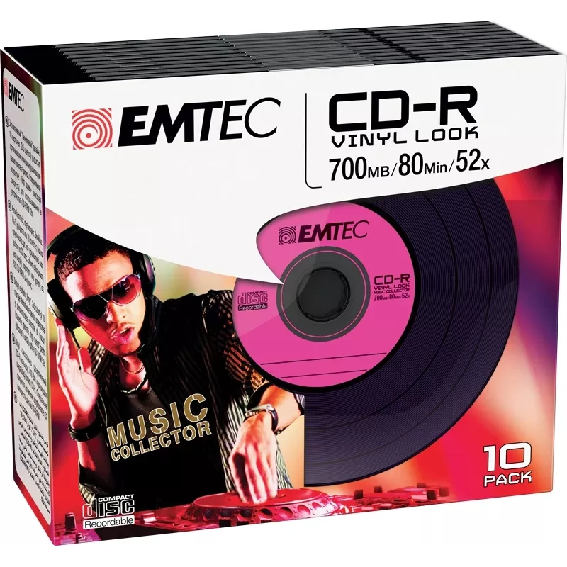 EMTEC Vinyl Look - 10 vnt. CD-R - 700 MB (80 min) 52x - Mėlyna, Geltona, Alyvinė, Žalia, Rožinė - Plonas Jewel dėklas
