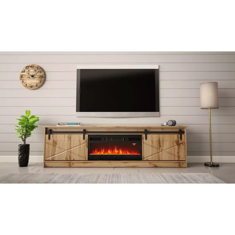 TV spintelė Cama Meble GRANERO su židinio moduliu, Wotan ąžuolas, 2000×350×567 mm, 2 durelės, 2 lentynos