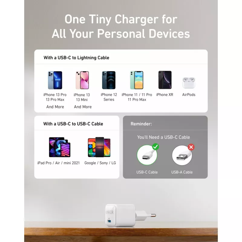 Anker 511 Nano Pro 20 W USB greitasis įkroviklis mobiliesiems ir planšetėms, baltas