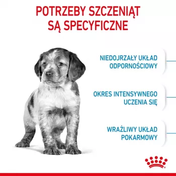 Sausas šunų ėdalas Royal Canin Medium Puppy 4 kg – vidutinių veislių šuniukams 10–25 kg, baltymai 32%, riebalai 20%, vištiena
