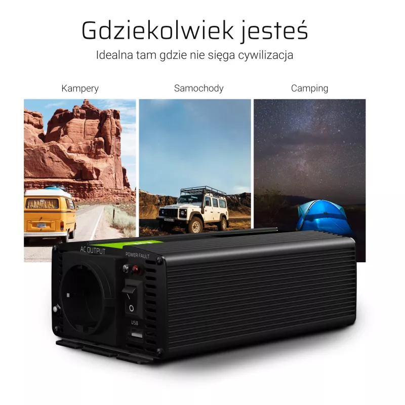 Automobilinis keitiklis Green Cell INV16 500 W, nuo 12 V DC į 230 V AC, 50 Hz, USB prievadas, aktyvus aušinimas, juodos spalvos
