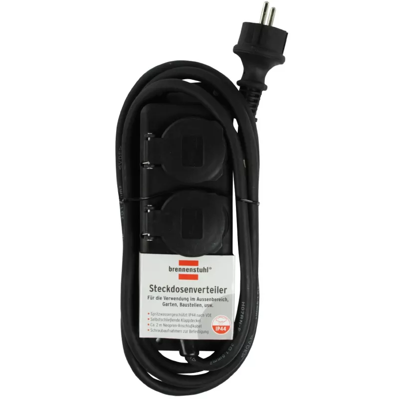 Brennenstuhl Prailginimo lizdas IP44 2-jų angų juodas 2,0 m H07RN-F 3G1,5 - Prailginimo laidas - AC 230 V - išėjimo jungtys: 2 - 2 m (1159930)